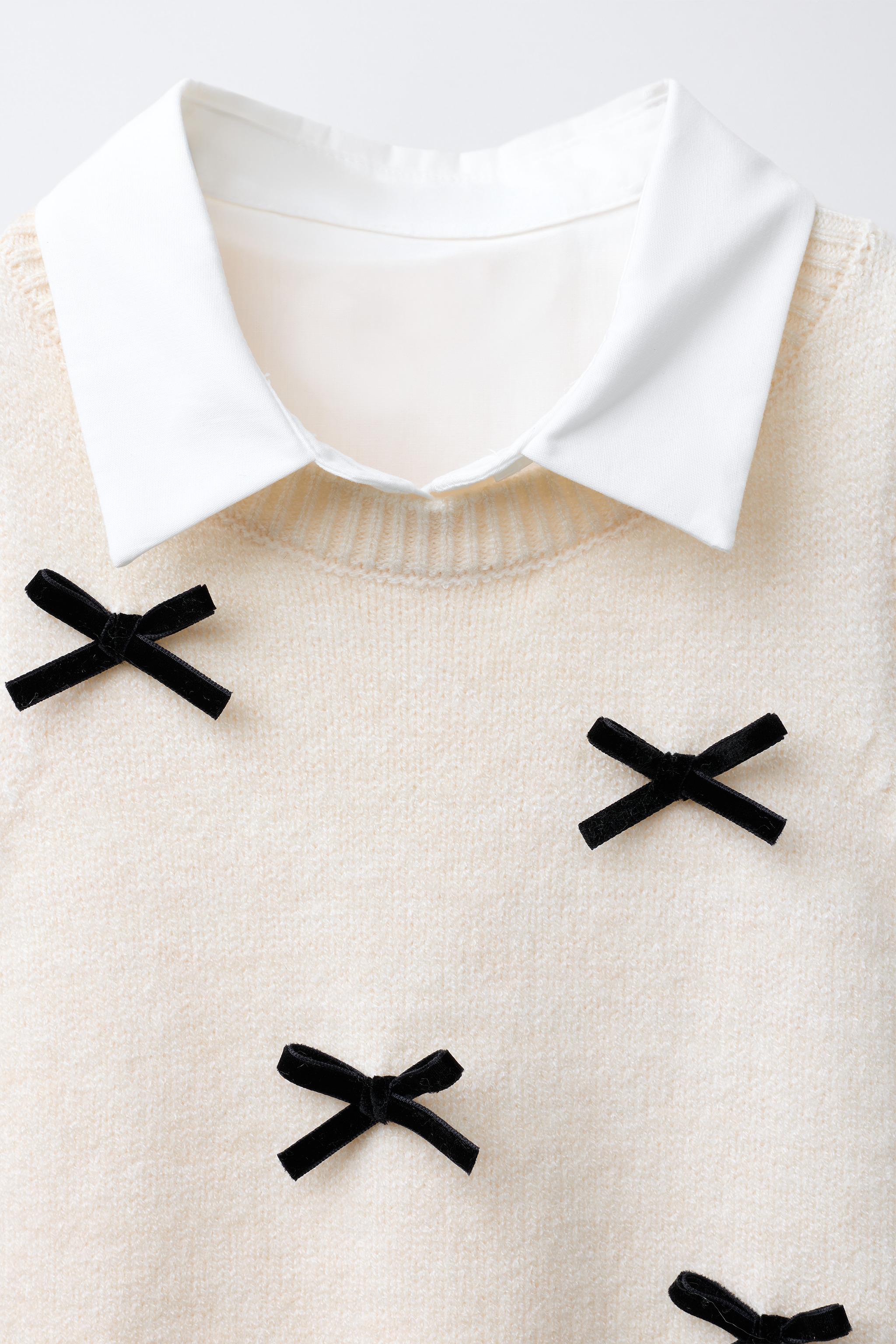 POPLIN SHIRT WITH KNIT VEST AND VELVET BOWS